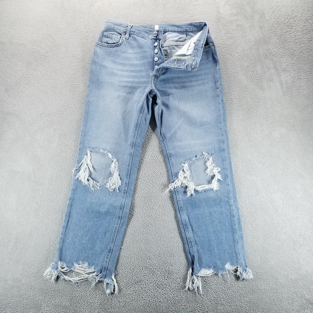 Free People Jeans Womens 24 Blue Straight Button Fly Distressed Raw Hem